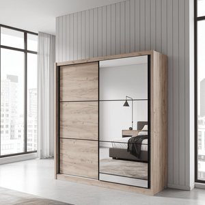 Navara Oak Effect Sliding Door Wardrobe with Mirror, 215cm – Contemporary Bedroom Storage Solution