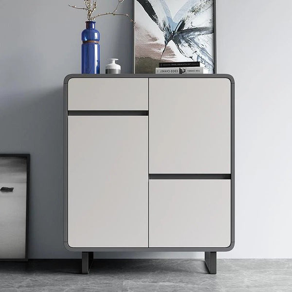 Naveda Shoe Storage Cabinet, Grey Metal & MDF Modern Hallway Shoe Organizer Unit - Sleek Furniture