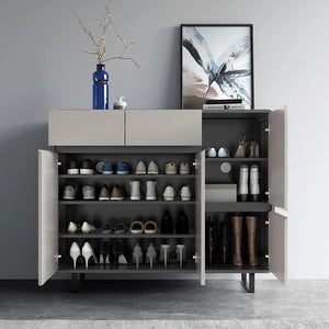Naveda Shoe Storage Cabinet, Grey Metal & MDF Modern Hallway Shoe Organizer Unit - Sleek Furniture