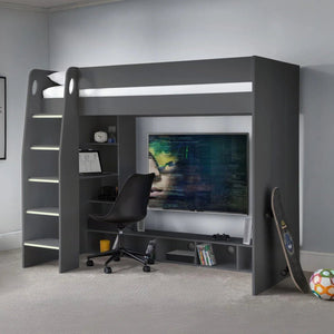 Nebula High Sleeper Gaming Bed with Integrated Desk, TV Space & Storage Shelving – Anthracite – UK Single (90 x 190cm) - Sleek Furniture