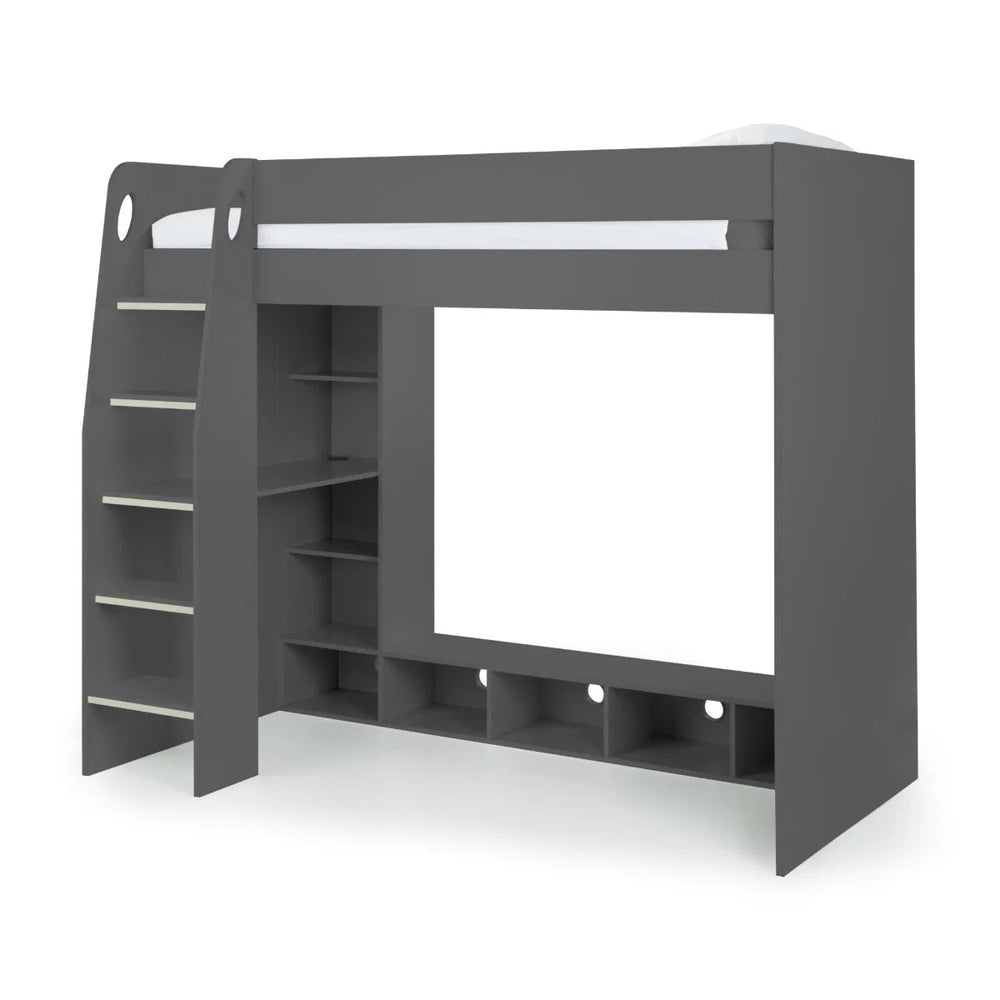 Nebula High Sleeper Gaming Bed with Integrated Desk, TV Space & Storage Shelving – Anthracite – UK Single (90 x 190cm) - Sleek Furniture