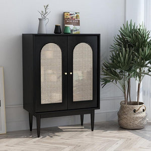 Neema Rattan Sideboard Cabinet, Modern Black Storage Unit with Wooden Frame, Contemporary Side Cabinet for Living & Dining Room - Sleek Furniture