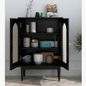 Neema Rattan Sideboard Cabinet, Modern Black Storage Unit with Wooden Frame, Contemporary Side Cabinet for Living & Dining Room - Sleek Furniture