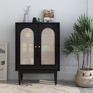 Neema Rattan Sideboard Cabinet, Modern Black Storage Unit with Wooden Frame, Contemporary Side Cabinet for Living & Dining Room - Sleek Furniture