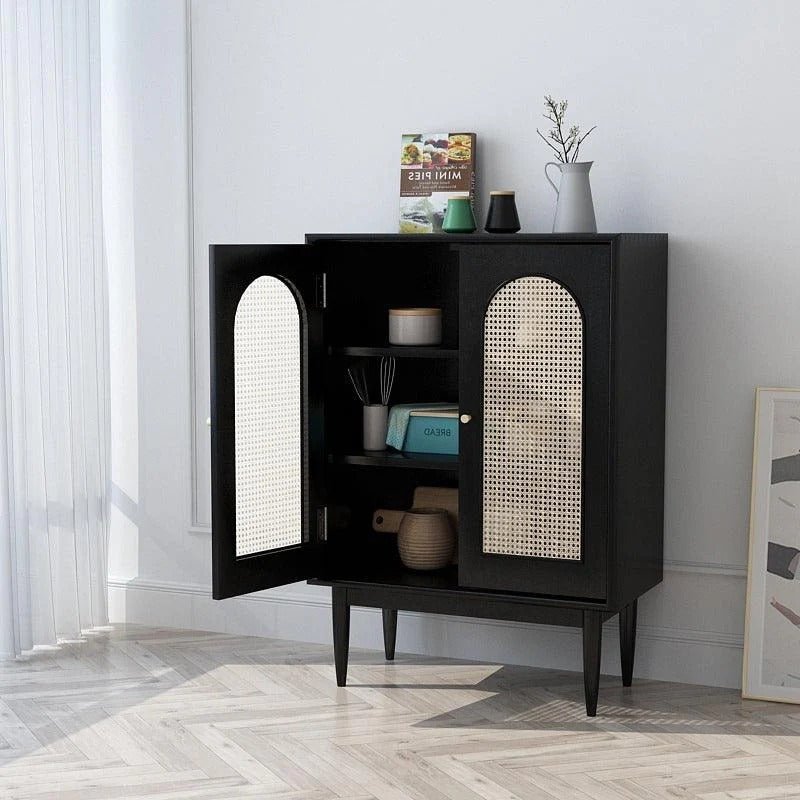 Neema Rattan Sideboard Cabinet, Modern Black Storage Unit with Wooden Frame, Contemporary Side Cabinet for Living & Dining Room - Sleek Furniture