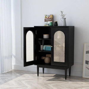 Neema Rattan Sideboard Cabinet, Modern Black Storage Unit with Wooden Frame, Contemporary Side Cabinet for Living & Dining Room - Sleek Furniture