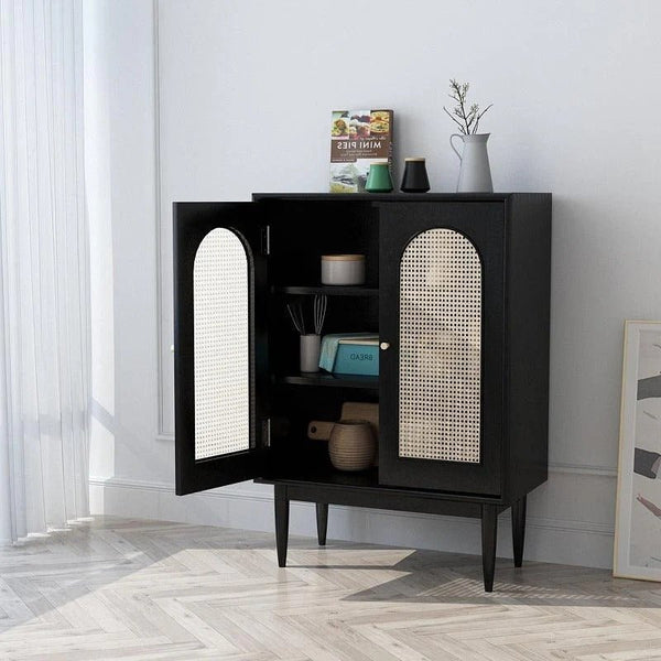 Neema Rattan Sideboard Cabinet, Modern Black Storage Unit with Wooden Frame, Contemporary Side Cabinet for Living & Dining Room - Sleek Furniture