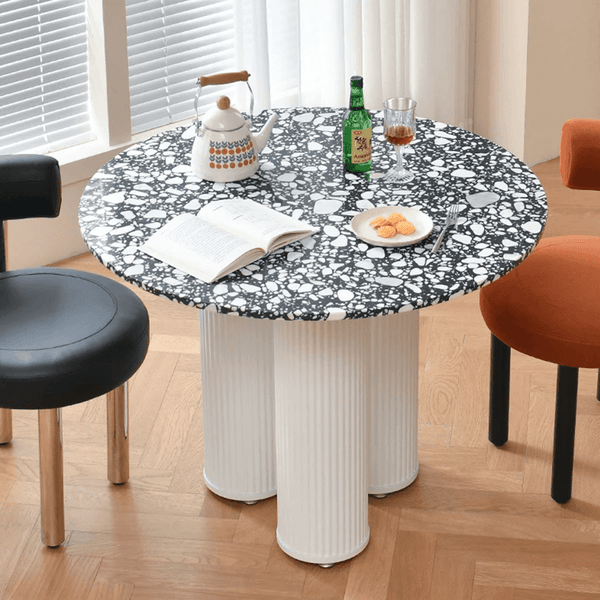 Nelli Modern Round Dining Table, Marble Finish – Contemporary Round Pedestal Dining Table for 4, Elegant White Marble Effect Centrepiece - Sleek Furniture