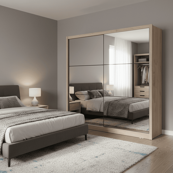 Nevada Artisan Oak Effect Sliding Door Wardrobe with Full Mirror – 213cm Wide Modern Bedroom Closet with Shelves & Hanging Rail - My Store