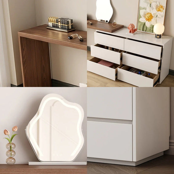 Nevada Dressing Table with Sideboard, Stool & Storage Drawers, Modern White and Oak Vanity Makeup Table for Bedroom - Sleek Furniture