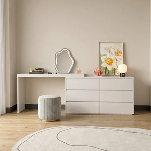 Nevada Dressing Table with Sideboard, Stool & Storage Drawers, Modern White and Oak Vanity Makeup Table for Bedroom - Sleek Furniture