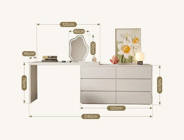 Nevada Dressing Table with Sideboard, Stool & Storage Drawers, Modern White and Oak Vanity Makeup Table for Bedroom - Sleek Furniture