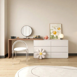 Nevada Dressing Table with Sideboard, Stool & Storage Drawers, Modern White and Oak Vanity Makeup Table for Bedroom - Sleek Furniture