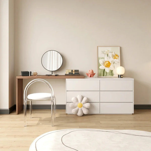 Nevada Dressing Table with Sideboard, Stool & Storage Drawers, Modern White and Oak Vanity Makeup Table for Bedroom - Sleek Furniture