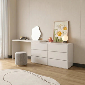 Nevada Dressing Table with Sideboard, Stool & Storage Drawers, Modern White and Oak Vanity Makeup Table for Bedroom - Sleek Furniture