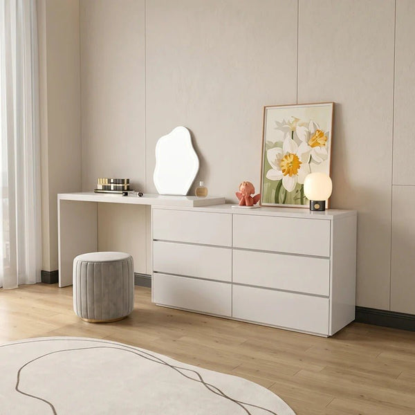 Nevada Dressing Table with Sideboard, Stool & Storage Drawers, Modern White and Oak Vanity Makeup Table for Bedroom - Sleek Furniture