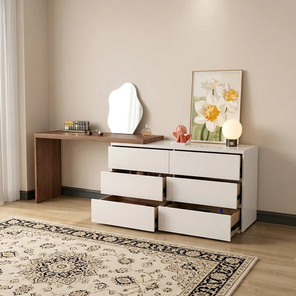 Nevada Dressing Table with Sideboard, Stool & Storage Drawers, Modern White and Oak Vanity Makeup Table for Bedroom - Sleek Furniture