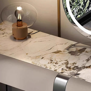 Nisha Modern Dressing Table with LED Mirror & Stool, Light Khaki Vanity Table, Sintered Stone Makeup Desk with Storage, Contemporary Bedroom Dressing Station - Sleek Furniture