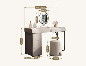 Nisha Modern Dressing Table with LED Mirror & Stool, Light Khaki Vanity Table, Sintered Stone Makeup Desk with Storage, Contemporary Bedroom Dressing Station - Sleek Furniture