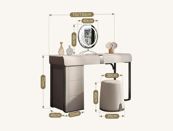 Nisha Modern Dressing Table with LED Mirror & Stool, Light Khaki Vanity Table, Sintered Stone Makeup Desk with Storage, Contemporary Bedroom Dressing Station - Sleek Furniture