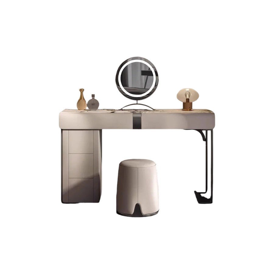 Nisha Modern Dressing Table with LED Mirror & Stool, Light Khaki Vanity Table, Sintered Stone Makeup Desk with Storage, Contemporary Bedroom Dressing Station - Sleek Furniture