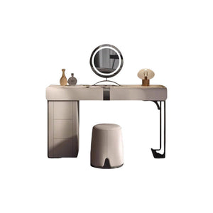 Nisha Modern Dressing Table with LED Mirror & Stool, Light Khaki Vanity Table, Sintered Stone Makeup Desk with Storage, Contemporary Bedroom Dressing Station - Sleek Furniture