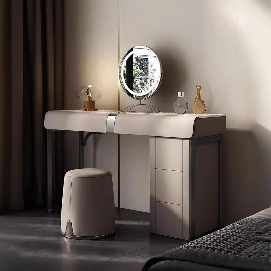 Nisha Modern Dressing Table with LED Mirror & Stool, Light Khaki Vanity Table, Sintered Stone Makeup Desk with Storage, Contemporary Bedroom Dressing Station - Sleek Furniture