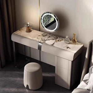 Nisha Modern Dressing Table with LED Mirror & Stool, Light Khaki Vanity Table, Sintered Stone Makeup Desk with Storage, Contemporary Bedroom Dressing Station - Sleek Furniture