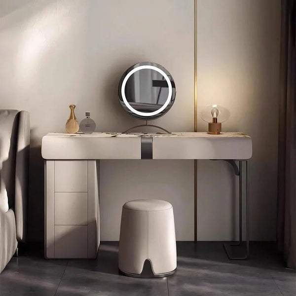 Nisha Modern Dressing Table with LED Mirror & Stool, Light Khaki Vanity Table, Sintered Stone Makeup Desk with Storage, Contemporary Bedroom Dressing Station - Sleek Furniture