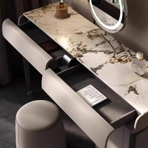 Nisha Modern Dressing Table with LED Mirror & Stool, Light Khaki Vanity Table, Sintered Stone Makeup Desk with Storage, Contemporary Bedroom Dressing Station - Sleek Furniture