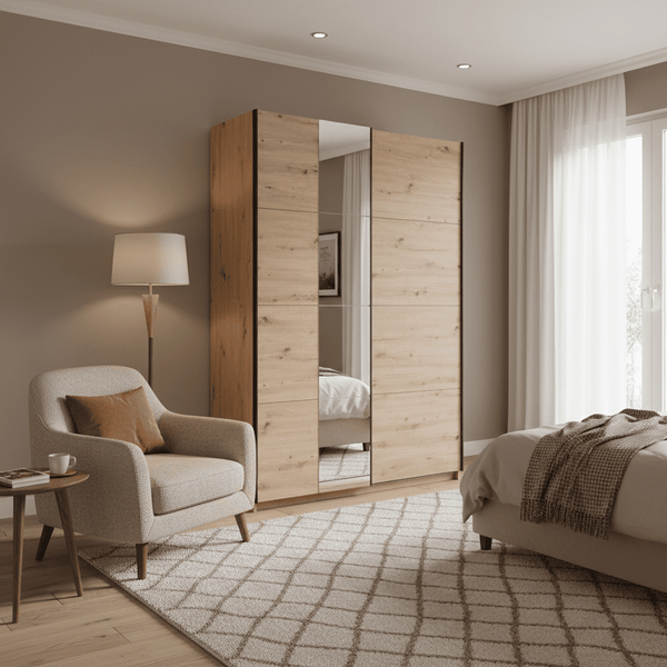 Noah Oak Effect Sliding Wardrobe with Mirror 145.5cm – Modern 2 Door Bedroom Storage Closet - My Store