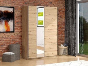 Noah Oak Effect Sliding Wardrobe with Mirror 145.5cm – Modern 2 Door Bedroom Storage Closet - My Store