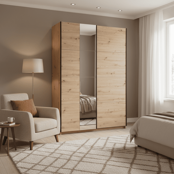 Noah Oak Effect Sliding Wardrobe with Mirror 145.5cm – Modern 2 Door Bedroom Storage Closet - My Store