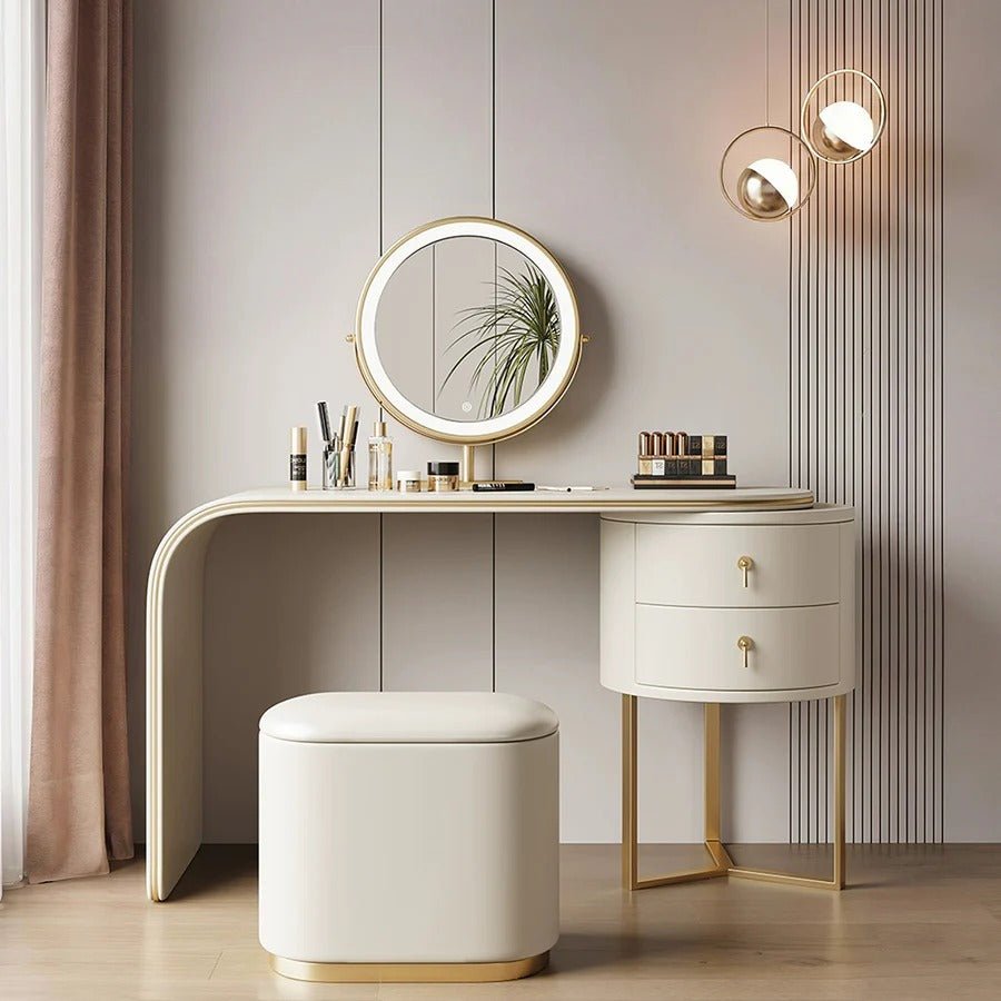Noorali Modern Dressing Table with Mirror and Stool | Contemporary Vanity Desk with Storage | MDF & Painted Steel Frame | Multiple Color Options - Sleek Furniture