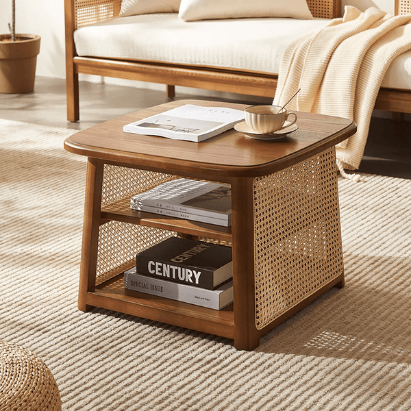 Nordic Square Coffee Table Set – Modern Rattan & Wood Nesting Tables for Living Room, Contemporary Side Table Set with Natural Finish - Sleek Furniture