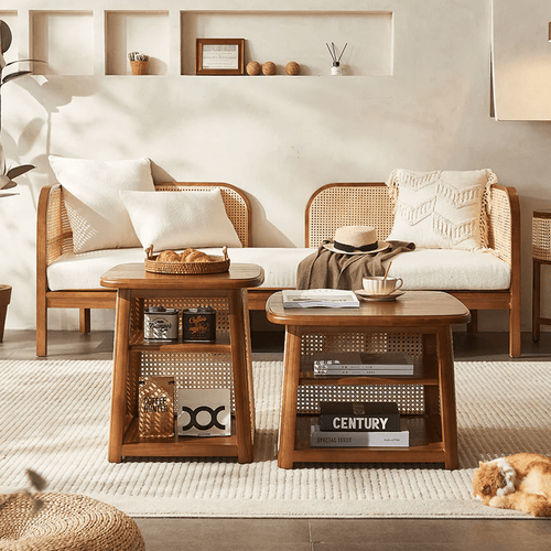 Nordic Square Coffee Table Set – Modern Rattan & Wood Nesting Tables for Living Room, Contemporary Side Table Set with Natural Finish - Sleek Furniture