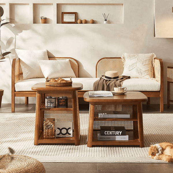 Nordic Square Coffee Table Set – Modern Rattan & Wood Nesting Tables for Living Room, Contemporary Side Table Set with Natural Finish - Sleek Furniture