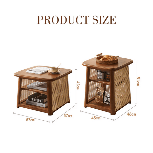 Nordic Square Coffee Table Set – Modern Rattan & Wood Nesting Tables for Living Room, Contemporary Side Table Set with Natural Finish - Sleek Furniture