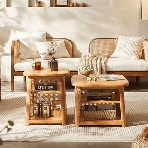 Nordic Square Coffee Table Set – Modern Rattan & Wood Nesting Tables for Living Room, Contemporary Side Table Set with Natural Finish - Sleek Furniture