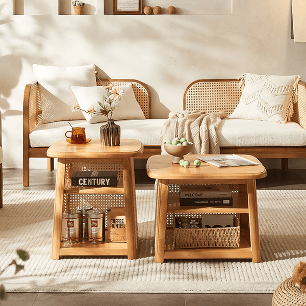 Nordic Square Coffee Table Set – Modern Rattan & Wood Nesting Tables for Living Room, Contemporary Side Table Set with Natural Finish - Sleek Furniture