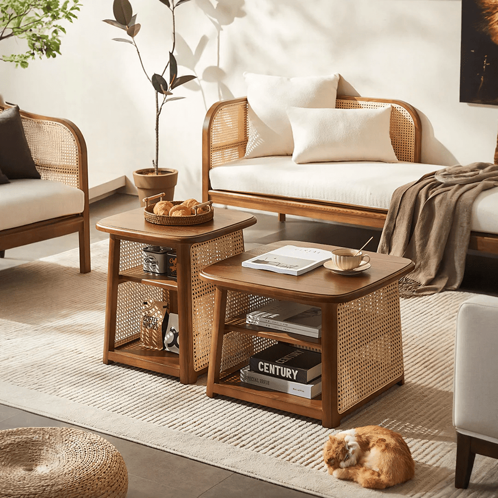 Nordic Square Coffee Table Set – Modern Rattan & Wood Nesting Tables for Living Room, Contemporary Side Table Set with Natural Finish - Sleek Furniture