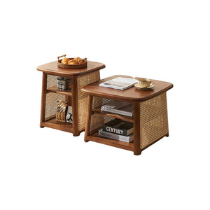 Nordic Square Coffee Table Set – Modern Rattan & Wood Nesting Tables for Living Room, Contemporary Side Table Set with Natural Finish - Sleek Furniture