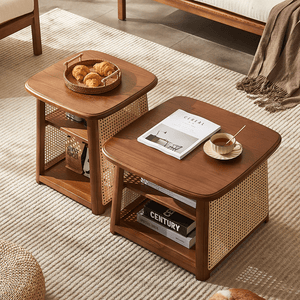 Nordic Square Coffee Table Set – Modern Rattan & Wood Nesting Tables for Living Room, Contemporary Side Table Set with Natural Finish - Sleek Furniture