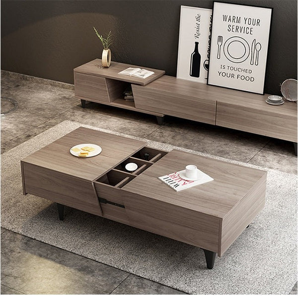 Noric Extendable Media Unit TV Stand with Coffee Table & Side Cabinet, Modern MDF Entertainment Center, Tan - Sleek Furniture