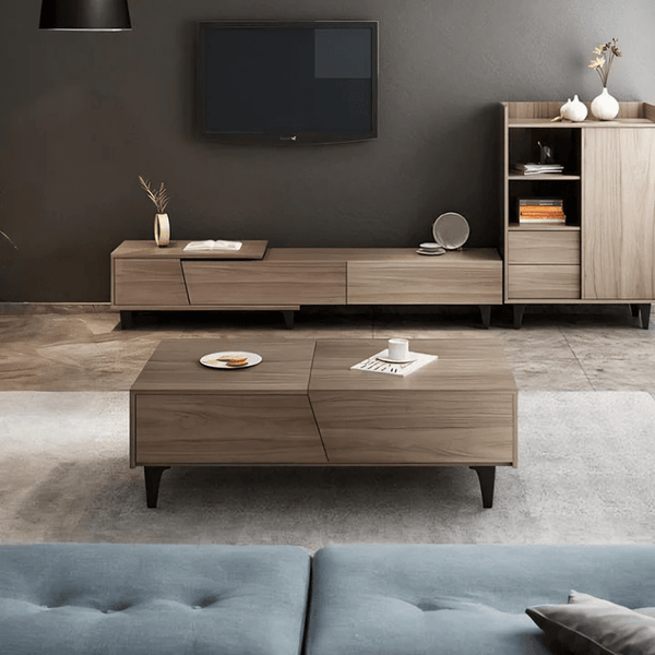 Noric Extendable Media Unit TV Stand with Coffee Table & Side Cabinet, Modern MDF Entertainment Center, Tan - Sleek Furniture