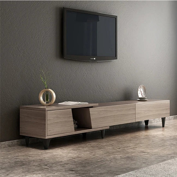 Noric Extendable Media Unit TV Stand with Coffee Table & Side Cabinet, Modern MDF Entertainment Center, Tan - Sleek Furniture