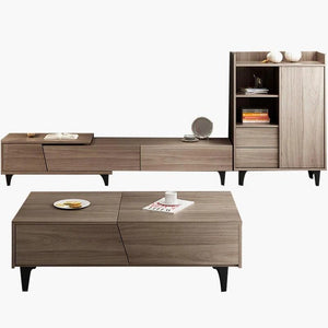 Noric Extendable TV Stand Media Unit with Coffee Table & Side Cabinet, Modern MDF Storage Entertainment Center, Tan Finish - Sleek Furniture