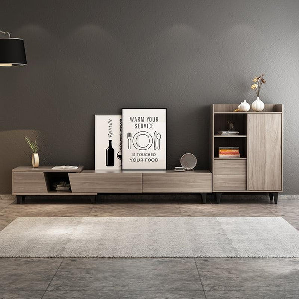 Noric Extendable TV Stand Media Unit with Coffee Table & Side Cabinet, Modern MDF Storage Entertainment Center, Tan Finish - Sleek Furniture