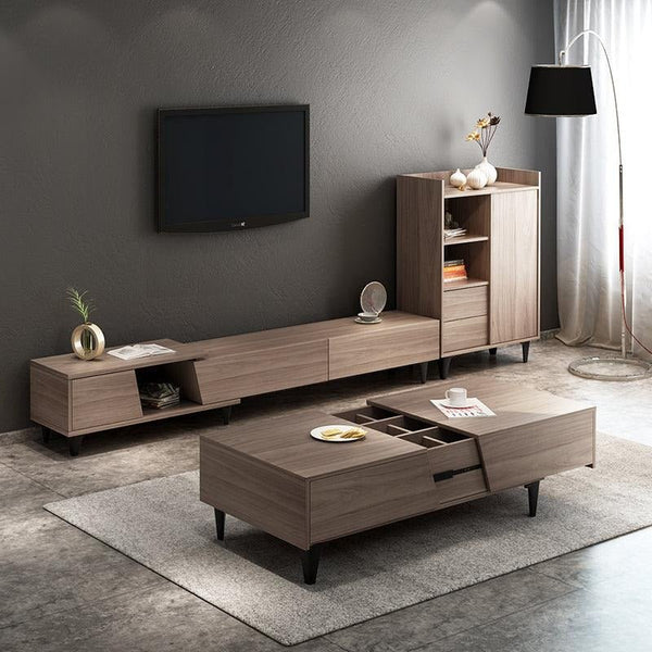 Noric Extendable TV Stand Media Unit with Coffee Table & Side Cabinet, Modern MDF Storage Entertainment Center, Tan Finish - Sleek Furniture