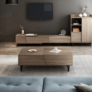 Noric Extendable TV Stand Media Unit with Coffee Table & Side Cabinet, Modern MDF Storage Entertainment Center, Tan Finish - Sleek Furniture